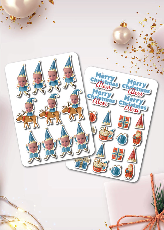 Personalised Christmas Blue Elves - Sticker Pack