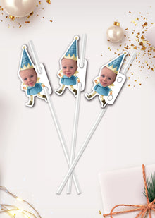  Personalised Christmas Blue Elves - Straw Topper - Pack of 24